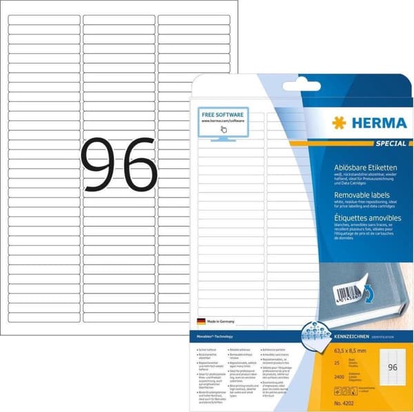 HERMA Labels hvid aftagelig 63,5x8,5 A4 2400 stk.
