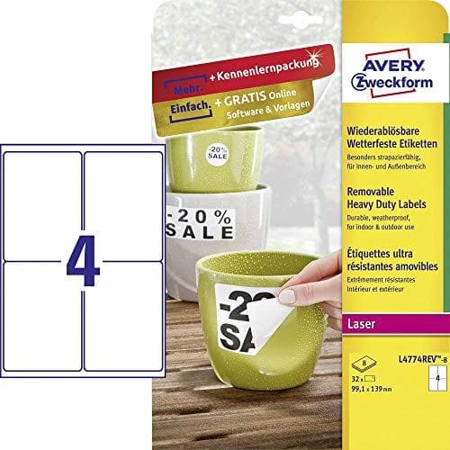 Avery Zweckform L4774REV-8. Farve på produkt: Hvid, Form: Afrundet rektangel, Klæbemiddeltype: Aftagelig. Bredde: 99,1 mm Højde: 139 mm Selvklæbende e