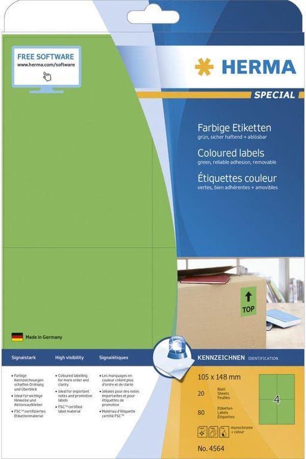 HERMA 4564 Värilliset tarrat A4 vihreä 105x148mm paperi irrotettava 80kpl.
