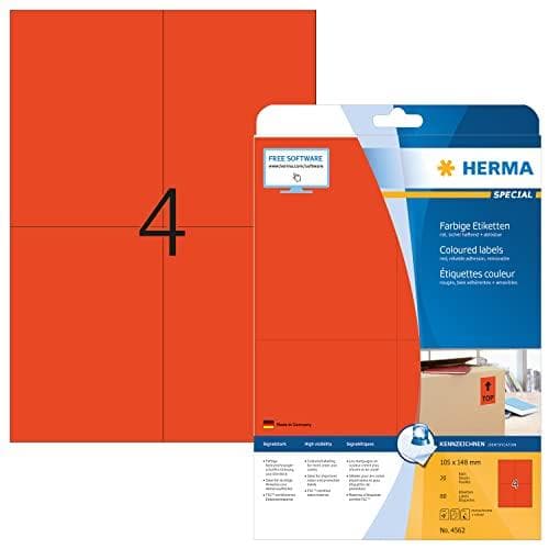 HERMA 4562 Värilliset tarrat DIN A4 irrotettavat (105 x 148 mm, 20 arkkia, paperi, matta) itseliimautuvat, tulostettavat, irrotettavat ja uudelleenlii