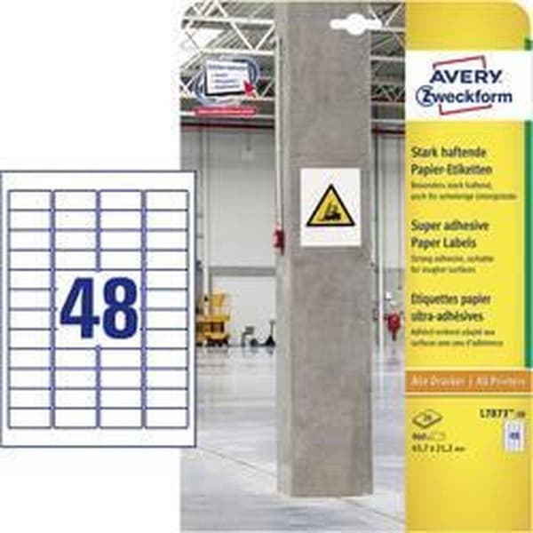 Avery-Zweckform L7873-20 Tarrat 45,7 x 21,2 mm Paperi Valkoinen 960 kpl Pysyvä, Vahva liima Tarratarrat, Monikäyttöiset tarrat 20 arkkia