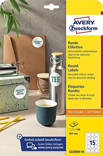 AVERY Zweckform identifikationsetiketter, diameter: 51 mm hvid, rund, aftagelig, ubestrøget papir, - 1 stk (6225REV-10)