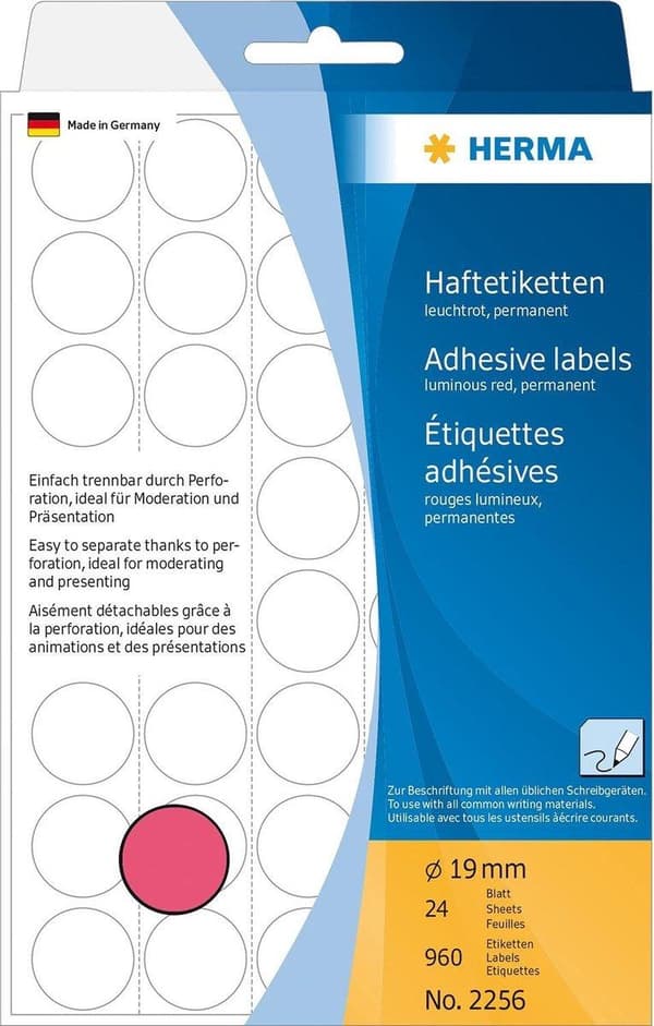 Herma 2256 Univers. Etiket skrivebordspakke. Ø19mm Fluoro-Rød