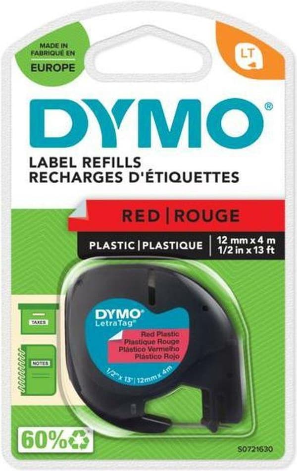 Dymo LetraTag Etikettband, Plast, 12 mm x 4 m, Svart på Rött