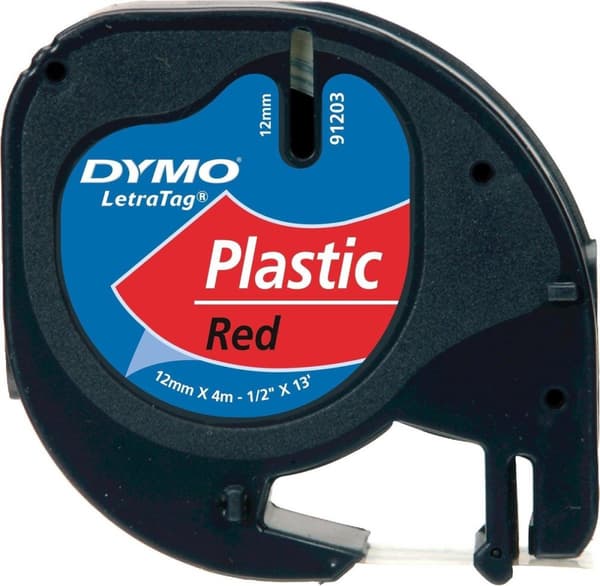 Dymo LetraTag Etikettband, Plast, 12 mm x 4 m, Svart på Rött