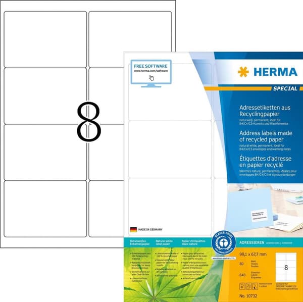 HERMA universaletiketter återvinning, 99,1 x 67,7 mm med kant, självhäftande, permanent, naturvit, gjord av - 1 st (10732)