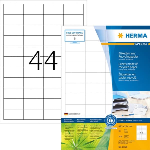HERMA universaletiketter genbrug, 48,3 x 25,4 mm, 80 ark, naturhvid, selvklæbende, printbar, permanent klæbende - 1 stk (10726)