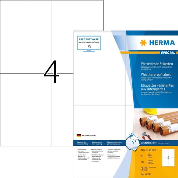 HERMA vejrbestandige etiketter af specialpapir, 105 x 148 mm hvid, fremstillet af papir, imprægneret, selvklæbende - 1 stk (10773)