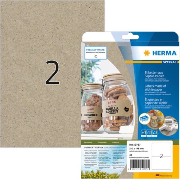 HERMA etiketter lavet af Silphie papir, 210 x 148 mm, naturlig brun, selvklæbende, permanent, printbar - 1 stk (10757)