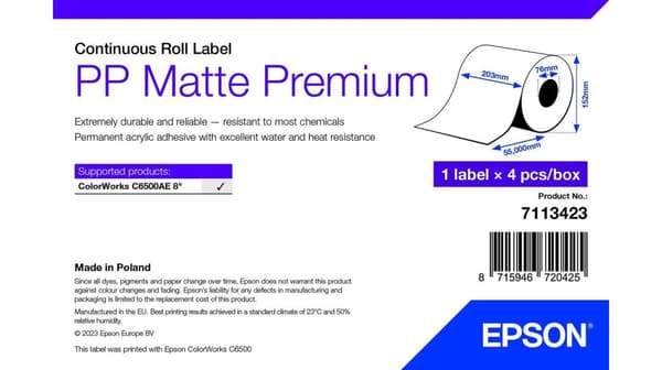 Epson, etikettirulla, muovi, 210 mm Epson, etikettirulla, muovi (polypropeeni), premium-mattapinnoitettu, rullan leveys: 210 mm, pituus: 55 m (7113423