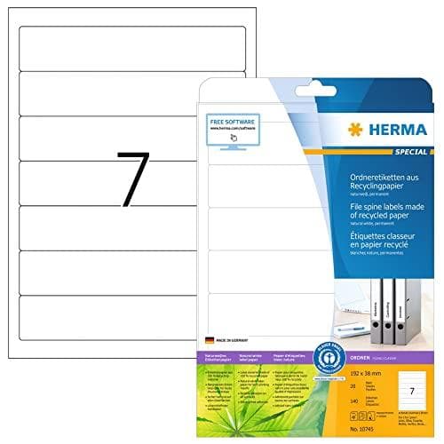 HERMA folder ryggetiketter återvinning, 192 x 38 mm, 20 ark naturvit, kort/smal, återvunnet papper, självhäftande - 1 st (10745)