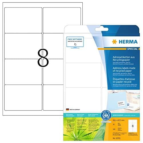 HERMA universaletiketter återvinning, 99,1 x 67,7 mm, 20 ark vit, självhäftande, utskrivbar, permanent självhäftande - 1 st (10705)