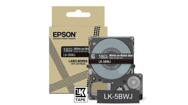 Epson LabelWorks LK-5BWJ - Vit på mattsvart - Rulla (1,8 cm x 8 m) 1 kassett(er) hängande box - tejpkassett - för LabelWorks LW-C410, LW-C610