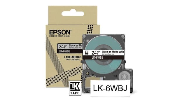 Epson LabelWorks LK-6WBJ - sort på mat hvid - rulle (2,4 cm x 8 m) 1 kassette(r) hængende boks - tapekassette - til LabelWorks LW-C610 (C53S672064)