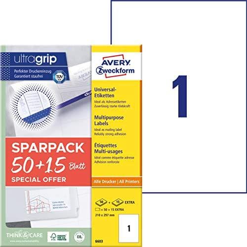 AVERY Zweckform universaletiketter, 210 x 297 mm, 50+15 ark vit, med ultragrip-teknik, utan kant, - 1 st (6603)