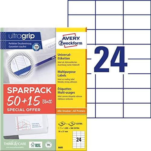 AVERY Zweckform universaletiketter, 70 x 37 mm, 50 + 15 ark vit, med ultragrip-teknik, utan kant, - 1 st (6605)