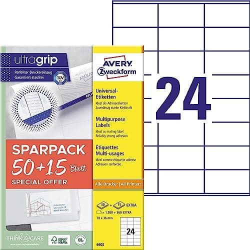 AVERY Zweckform universaletiketter, 70 x 36 mm, 50 + 15 ark hvid, med ultragrip teknologi, kant i top og bund, - 1 stk (6602)
