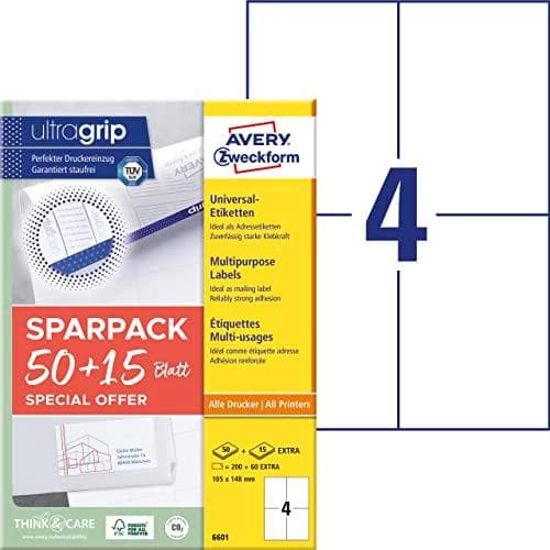 AVERY Zweckform universaletiketter, 105 x 148 mm, 50+15 ark vit, med ultragrip-teknik, utan kant, - 1 st (6601)