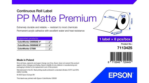 Epson Premium - Polypropen (PP) - matt - permanent akryllim - rulle (10,2 cm x 55 m) 8 rullar med löpande etikettpapper