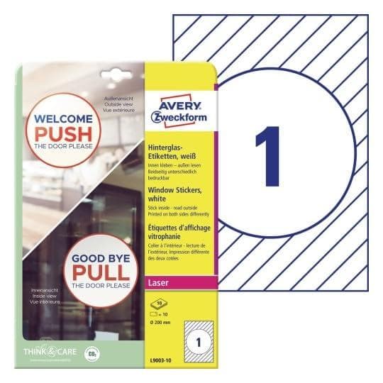 AVERY Zweckform-etiketter bag glas, diameter: 200 mm, hvid folielabel til laserprintere, aftagelig, vejrbestandig, - 1 stk (L9003-10)