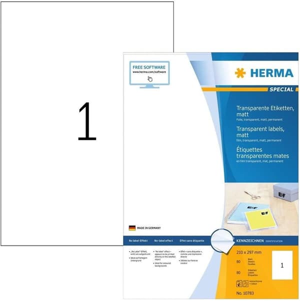 HERMA säänkestävät folioetiketit, 210 x 297 mm läpinäkyvä, valmistettu polyesterifoliosta, matta, itseliimautuva - 1 kpl (10783)