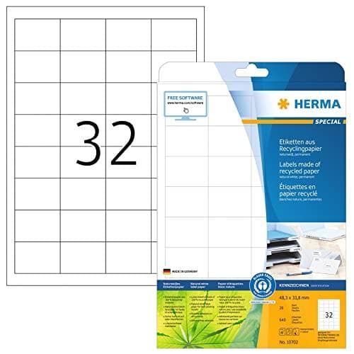 HERMA universaletiketter återvinning, 48,3 x 33 mm, 20 ark vit, självhäftande, utskrivbar, permanent självhäftande - 1 st (10702)