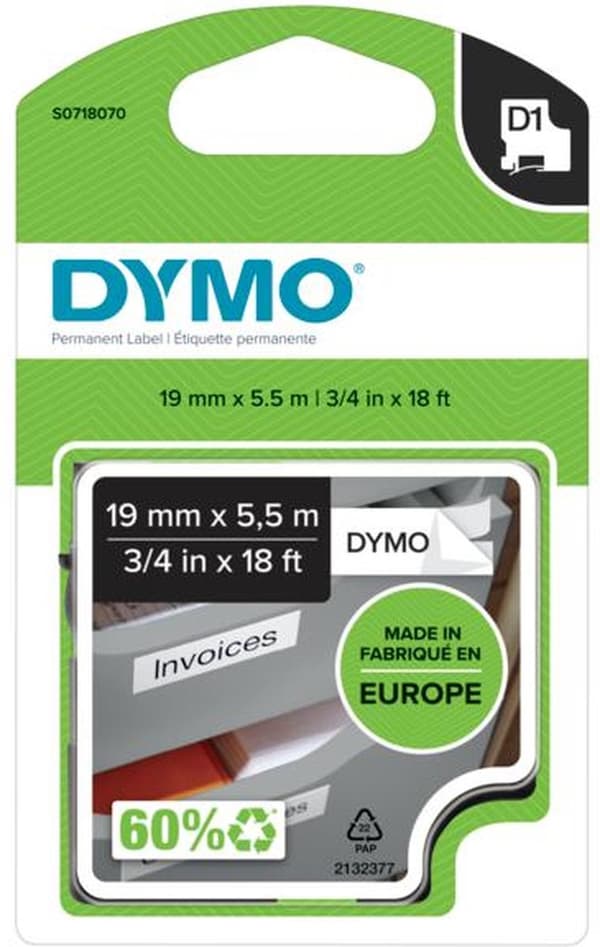 DYMO D1 19 mm, 5 st, permanent sorterad/Hvi (S0718070)