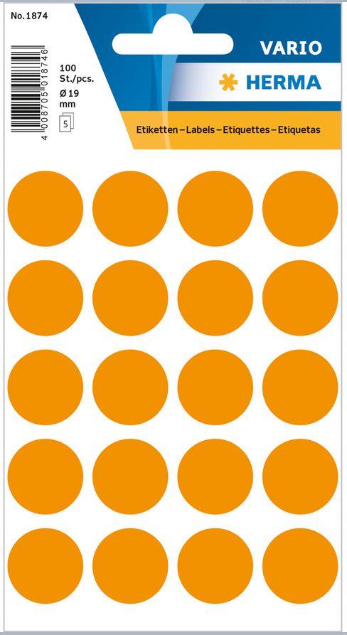 Märketiketter/Signaletiketter Herma Vario 1874 Ø 19mm permanent Lysorange 100/fp