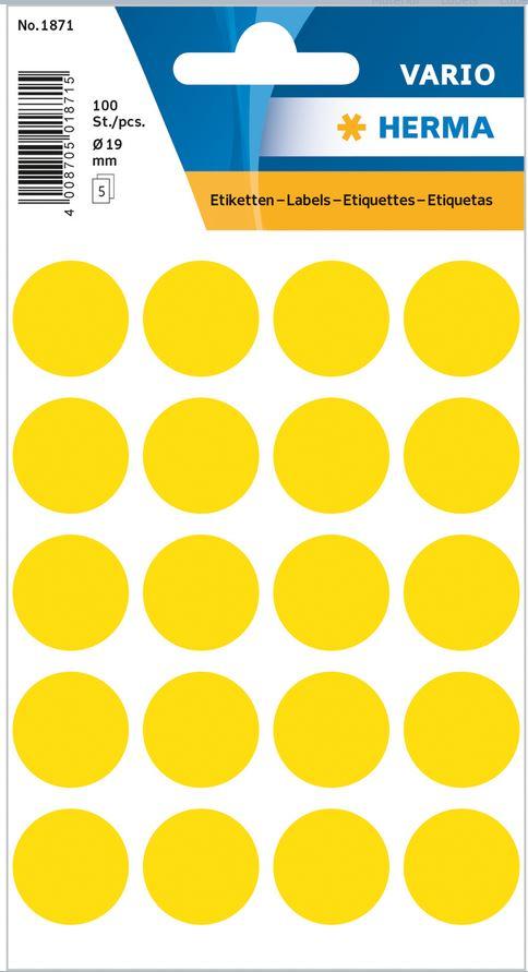 Märketiketter/Signaletiketter Herma Vario 1871 Ø 19mm permanent Gul 100/fp