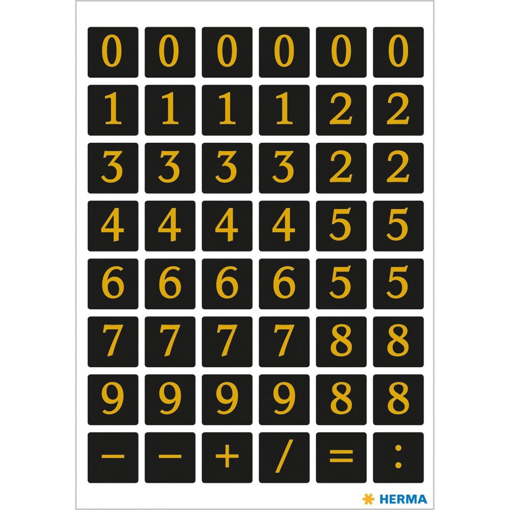 Märketikett Herma Vario 4131 Siffror 0-9, 13x13mm, Guld/Svart folie, 2 ark/fp