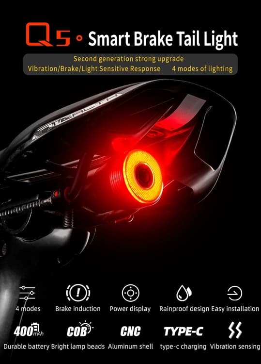 Rockbros Q5 Bakre Cykelljus Med Intelligent Stoppsystem - Svart