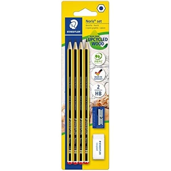 Papperblyert HB - STAEDTLER - Noris 120 - Förpackning med 4 Blyertspennor - Rasoplast Gummi - Inkluderar Spännare