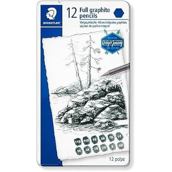 Färgpennor helt i grafit - STAEDTLER - Mars Lumograph 100G - 12 färgpennor - Metalkasett - Utan trä