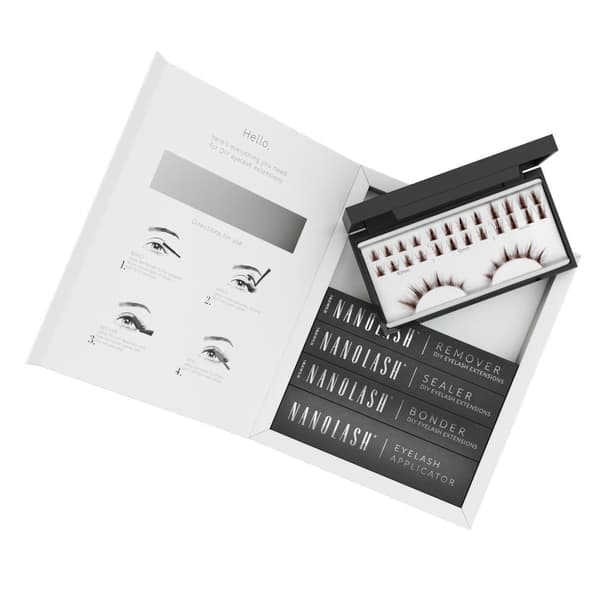 Starter kit cluster vipper til påføring derhjemme Nanolash - komplet sæt til påføring af DIY falske øjenvipper derhjemme