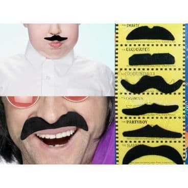 Set med 6 falska självhäftande mustascher HA: festförklädnad, kostymtillbehör