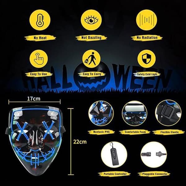 LED Halloween Mask, Uppgradera LED Purge Mask Glow in the Dark, Skräckmask med 3 ljuslägen för Halloween, Blå