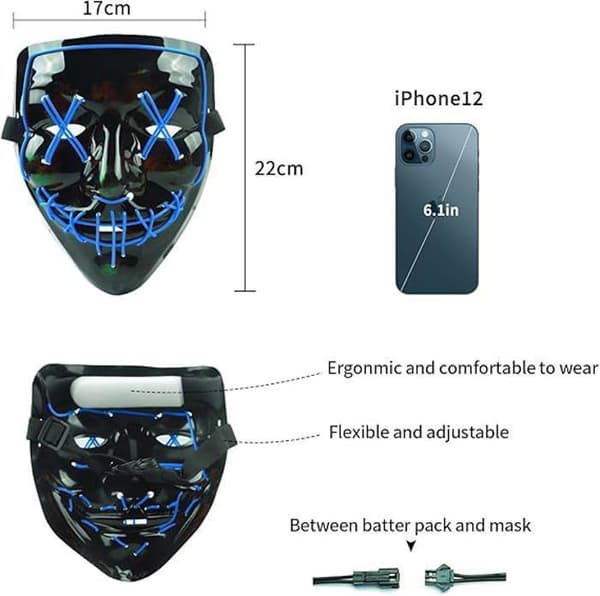 LED Halloween Mask, Uppgradera LED Purge Mask Glow in the Dark, Skräckmask med 3 ljuslägen för Halloween, Blå