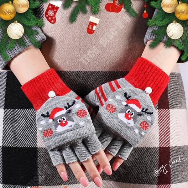 TD® Dam Vinter Half Finger Flip Handskar Förtjockade Varmstickade Jul Cartoon Söta Fingerless Handskar