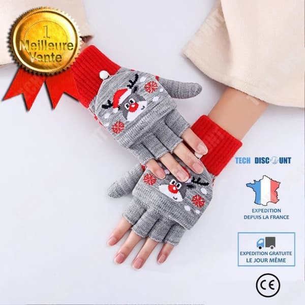 TD® Dam Vinter Half Finger Flip Handskar Förtjockade Varmstickade Jul Cartoon Söta Fingerless Handskar
