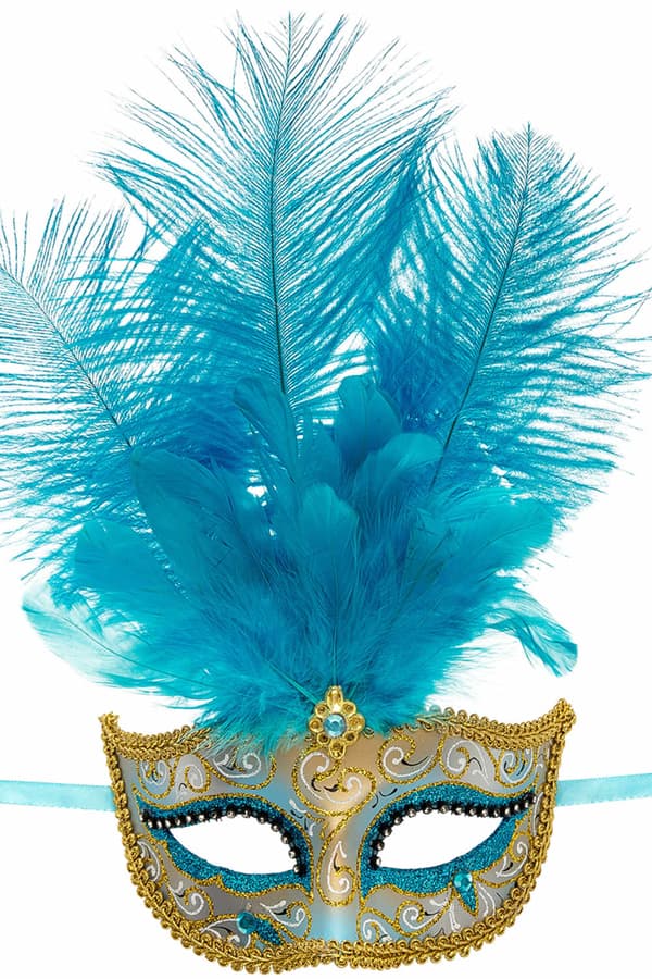 Ansiktsmask - Blue Venetian mask with gold , glitter and feathers
