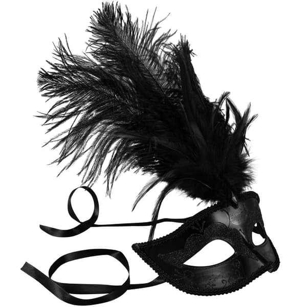 Venetiansk maske med fjer - sort