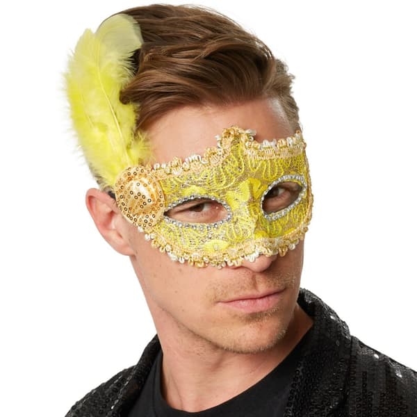 Venetiansk maske med fjer på siden - gul