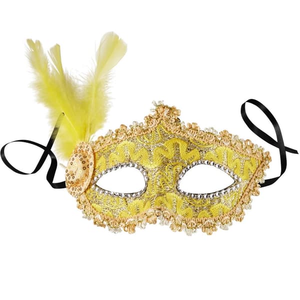 Venetiansk maske med fjer på siden - gul
