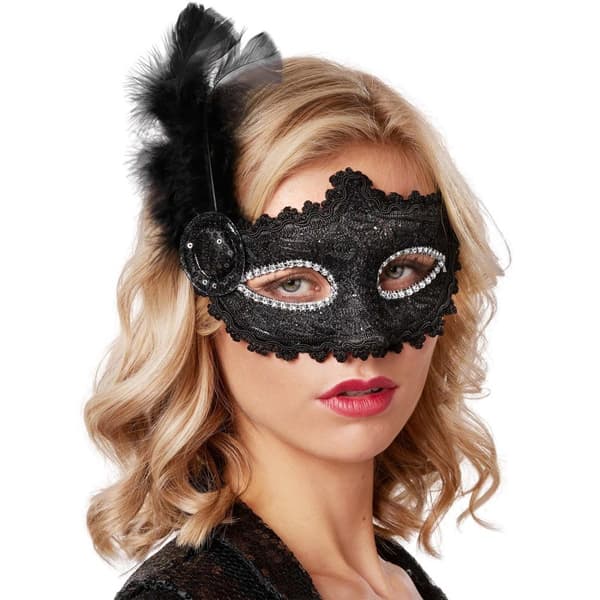 Venetiansk maske med fjer på siden - sort