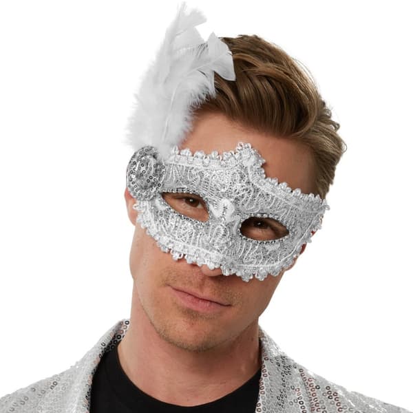 Venetiansk maske med fjer på siden - sølv