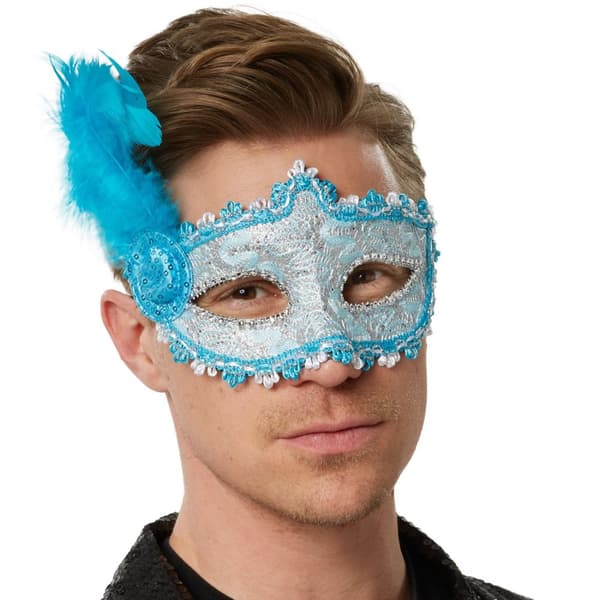 Venetiansk maske med fjer på siden - blå