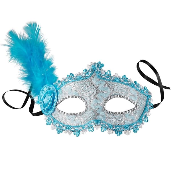 Venetiansk maske med fjer på siden - blå