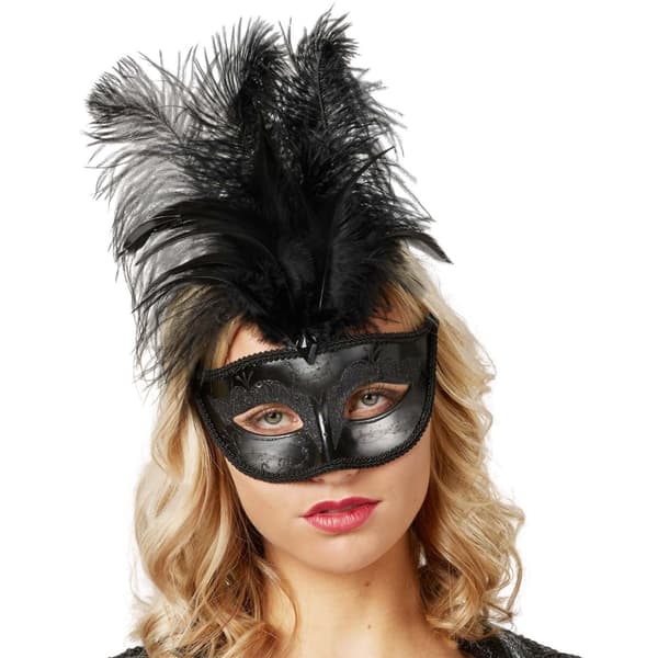 Venetiansk mask med fjädrar - svart