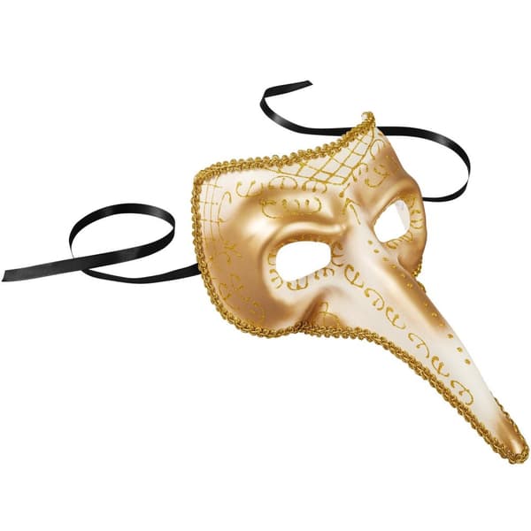 Venetiansk mask med lång näsa och utsmyckningar - guld