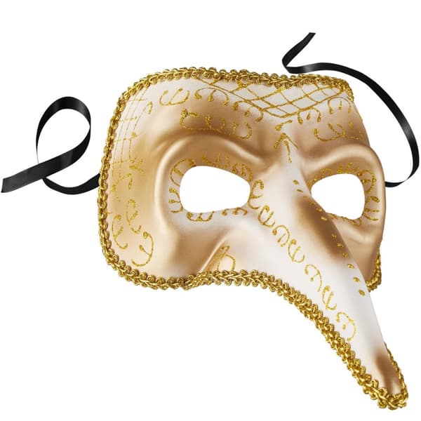 Venetiansk mask med lång näsa och utsmyckningar - guld